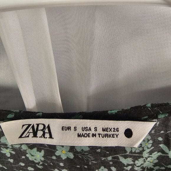 Zara Green Black Floral Peasant Dress Boho Midi S - Picture 8 of 9